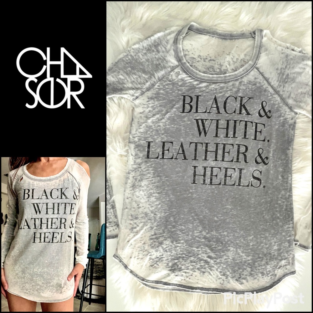 CHASER SHEER GRAY BURNOUT BLACK WHITE LEATHER HEELS COLD SHOULDER DISTRESSED TOP